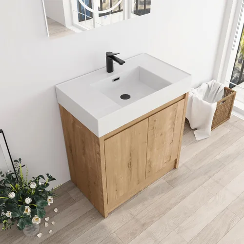 Miniatura 8 de Tocador de baño pequeño de 16 pulgadas con lavabo, tocador de baño independiente de 16" para espacios pequeños, gabinete de madera contrachapada