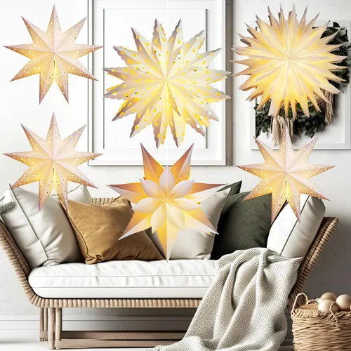 Miniatura 7 de Watersay Paquete de 6 Faroles de Papel de Copo de Nieve de Navidad Faroles de Papel de Estrella de Navidad con 6 Luces LED Blancas Ornamentos