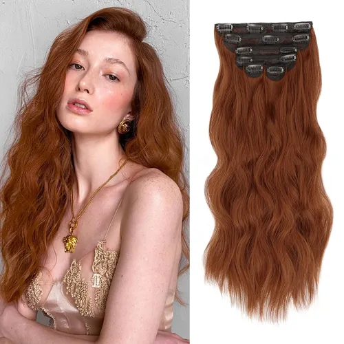 Miniatura 7 de WECAN Extensión de cabello con clip, de 20 pulgadas, mezcla de rubio ceniza y rubio decolorado, 6 piezas, extensiones de cabello largo ondulado