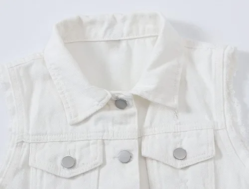 Miniatura 4 de CHARTOU Chaleco de mezclilla deshilachado sin mangas con botones y cuello de solapa para mujer