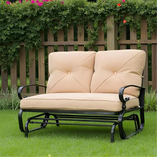Miniatura 3 de SUNCROWN Silla mecedora al aire libre, silla mecedora de 2 asientos para patio, sofá biplaza con cojines, muebles de marco de acero, color marrón