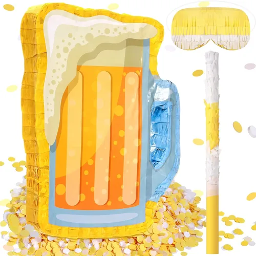 Sratte Piñata de cerveza con palo y venda de los ojos con confeti, taza de vidrio para colgar, decoración mexicana para cumpleaños, despedida de