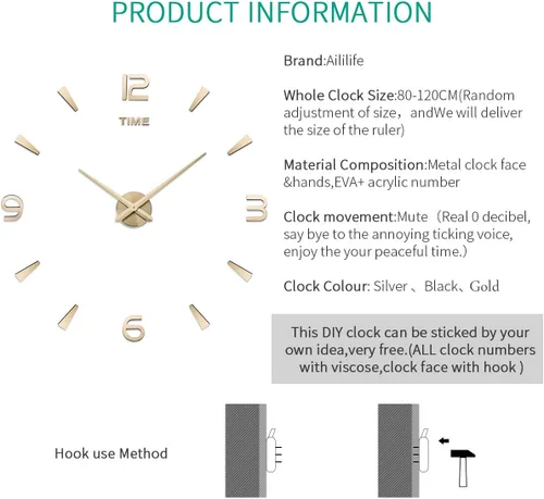 Miniatura 3 de AILILIFE Reloj de pared 3D DIY con adhesivo para decoración de espejo, sin marco, kit de reloj de pared grande para el hogar, sala de estar, Dorado