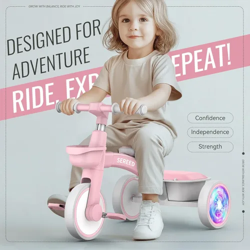 Miniatura 2 de SEREED Triciclo de iluminación colorida para niñas de 2 a 5 años, triciclo ajustable con asiento y manillar, cesta extraíble, idea de regalo de Rosa