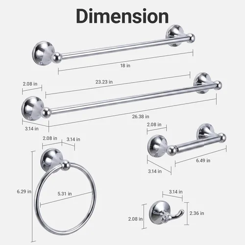 Miniatura 7 de Juego de toallas de baño de 24 pulgadas para montar en la pared, juego de 5 piezas de acero inoxidable duradero con toallero, anillo para toallas