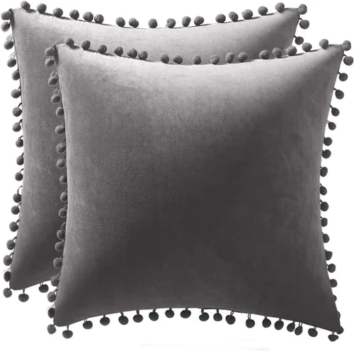 DEZENE Fundas de almohada 18x18 gris oscuro: Paquete de 2 fundas de almohada decorativas cuadradas de terciopelo suave con pompones para decoración