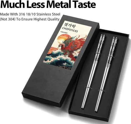 Miniatura 4 de Phoenix Palillos de metal reutilizables, diseñados en Corea, estilo japonés, acero inoxidable 316 18/10, antideslizantes, aptos para lavavajillas