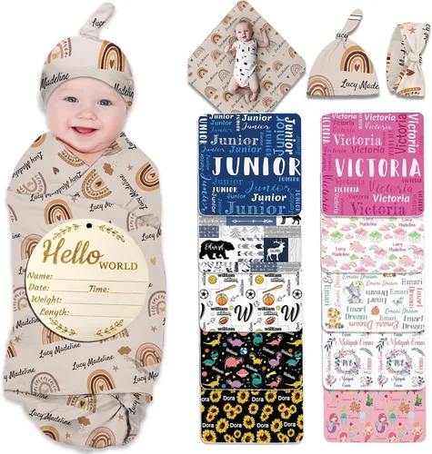 Miniatura 9 de Manta de bebé personalizada para niña y niño, manta de recepción con nombre personalizado con diadema de lazo y sombrero, regalos personalizados