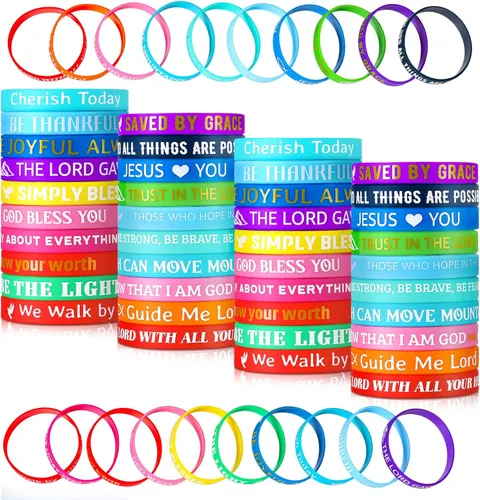 Miniatura 6 de Skylety 60/120 pulseras cristianas con versículos bíblicos a granel, para la escuela o fiesta religiosa, regalo de Jesús te ama, pulsera de goma
