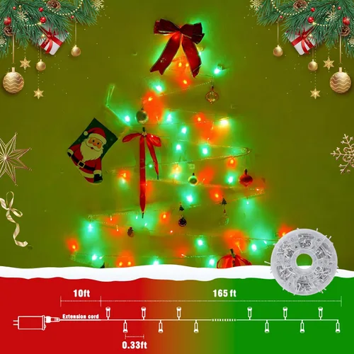 Miniatura 2 de QITONG Tira de luces rojas y verdes para exteriores, 165 pies, 500 luces LED de alambre transparente de Navidad para interiores, 8 modos de luz