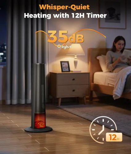 Miniatura 4 de Calentador de espacio para uso en interiores - Calentador portátil de torre de 25 pulgadas con llama 3D, control remoto, termostato ajustable, 2