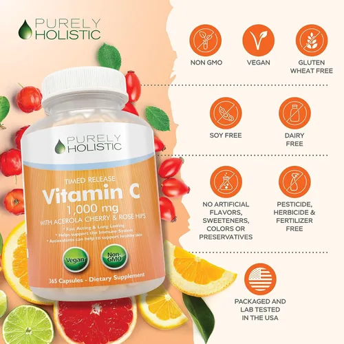 Miniatura 6 de Purely Holistic Vitamina C 1000 mg + curcumina de cúrcuma orgánica de 700 mg y bioperina - 365 + 120 cápsulas - Paquete vegano - con rosa mosqueta