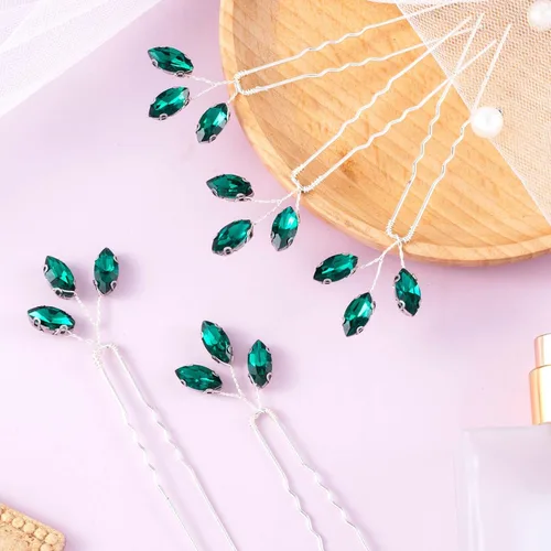 Miniatura 6 de PAGOW 10 horquillas de pelo con diamantes de imitación verdes, horquillas Bobby para novias, pieza de pelo de boda con diamantes de imitación
