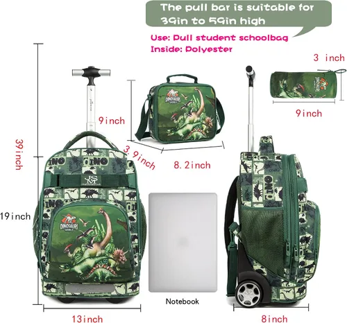 Miniatura 3 de MOHCO Juego de mochila con ruedas de 19 pulgadas con ruedas y bolsa de almuerzo y estuche para lápices, Dinosaur