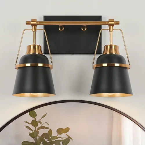 Miniatura 10 de Lámparas de baño de oro negro, modernas luces de tocador de granja sobre el espejo, 3 luces de cobre dorado con pantalla de metal y artesanía Negro