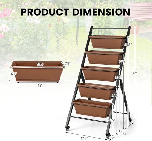 Miniatura 5 de Giantex Cama de jardín elevada vertical sobre ruedas, macetas elevadas de 5 niveles, camas de jardín con orificio de drenaje, 5 contenedores