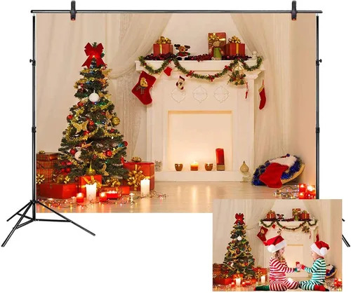 Miniatura 8 de LB Telones de fondo de chimenea de Navidad para fotografía de 5 x 3 pies, calcetines de árbol de Navidad, regalos de Año Nuevo, para niños
