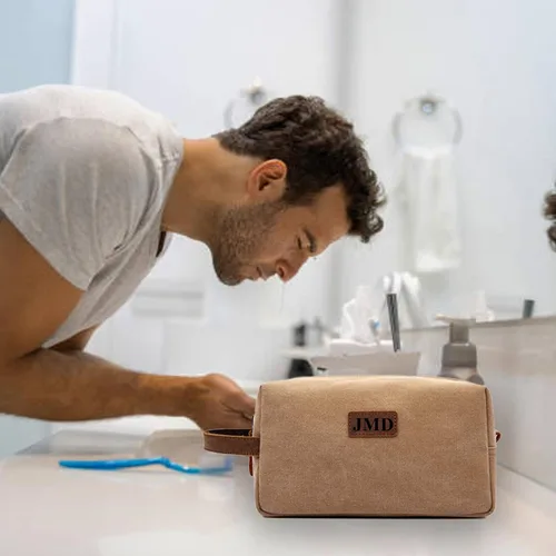 Miniatura 5 de Neceser personalizado para hombres, kit de aseo personalizado de lona para afeitar, bolsa de aseo grabada con láser, kit de lona de cuero