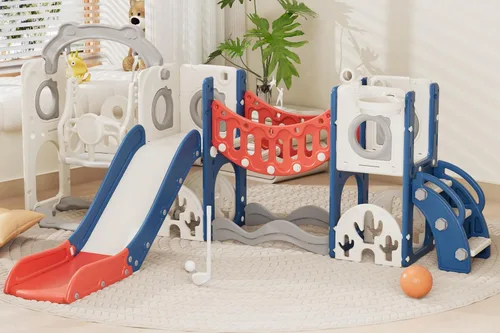 Miniatura 10 de Conjunto de juegos de parque infantil para niños pequeños con arco de escalada, juego de golf, tobogán y aro de baloncesto - Juguetes