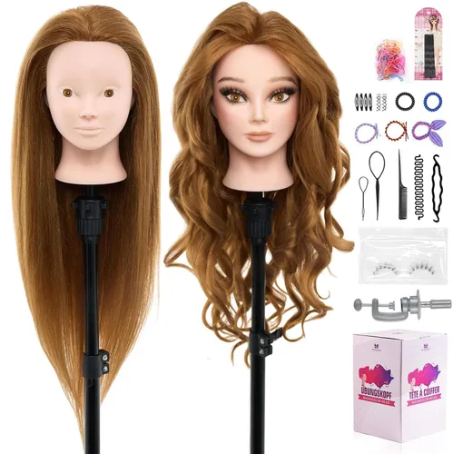 Miniatura 10 de 100% cabello humano de maniquí, cabeza de maniquí de cabello real de 18 pulgadas, cabeza de muñeca de maniquí de cosmetología para peinar