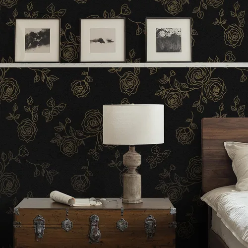 Miniatura 9 de CAX Nourilife - Papel tapiz floral para despegar y pegar, papel tapiz negro y dorado, papel de contacto extraíble para armarios de pared, flores
