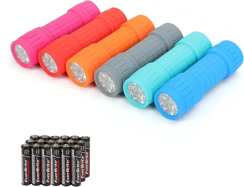EverBrite - Linterna de mano de 9 led (6 unidades), colores variados, pilas AAA incluidas; suministros para huracanes campamento, senderismo,