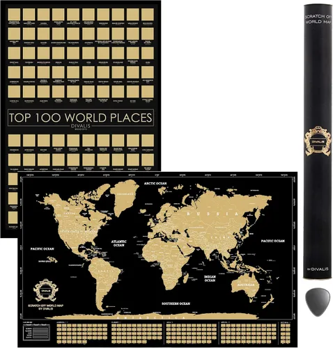Set de regalo grande 2 en 1 – Mapa del mundo para raspar y póster para raspar los 100 mejores lugares para visitar en el mundo – Mapa de los mejores