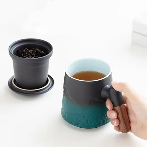 Miniatura 3 de ZENS Taza de Té con Infusor y Tapa para Infusión de Hojas Sueltas, Taza de Cerámica en Relieve de 15.2 oz con Coladores Finos, Difusores Grandes
