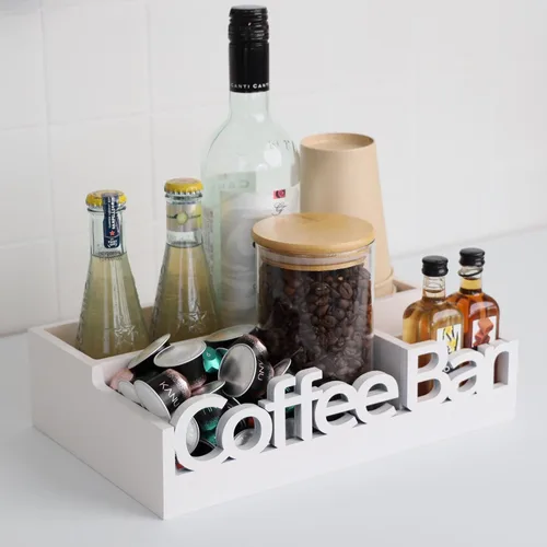 Miniatura 9 de Organizador de Barra de Café para Encimera – Caddy de Estación de Café de Madera con Compartimentos para Cápsulas, Condimentos, Té y Accesorios