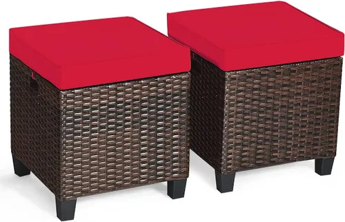 HAPPYGRILL Juego de 2 piezas otomanas de mimbre de ratán para exteriores, con cojines extraíbles, muebles de patio, reposapiés, asiento para Marrón