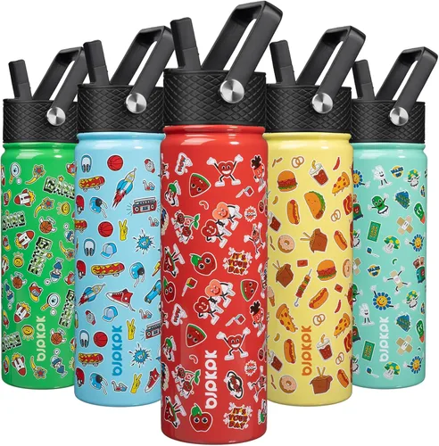 Miniatura 43 de BJPKPK Botella de agua aislada con tapa con pajilla, bonitas botellas de agua de 15 onzas, termo de metal de acero inoxidable, vasos reutilizables