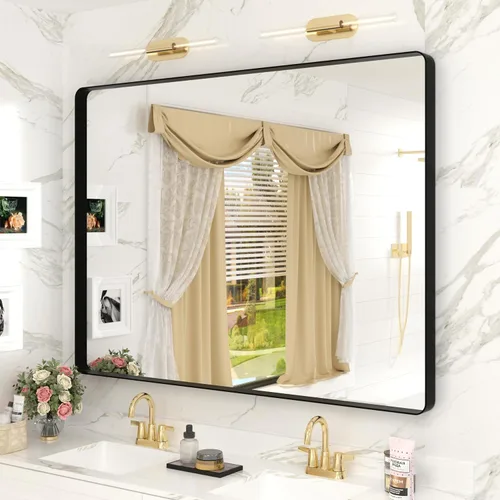 Miniatura 65 de Paquete de 2 espejos de baño con marco de metal negro de 22 x 30 pulgadas, espejo rectangular redondeado negro mate, antioxidante, se cuelga