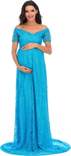 ZIUMUDY Vestido de maternidad floral de encaje con hombros descubiertos para fotografía Maxi manga corta Baby Shower Vestido de dama de honor