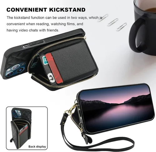 Miniatura 5 de Bocasal Funda tipo cartera con bandolera para iPhone 13 Pro Max, cartera de cuero PU con cierre de cremallera y bloqueo RFID, funda tipo folio