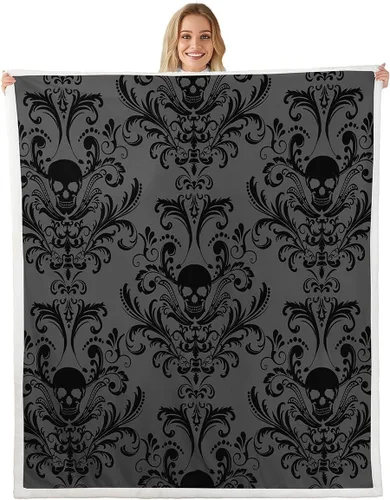 Erosebridal Manta de damasco negro para adultos, manta barroca victoriana antigua, gótica, vintage, floral, manta exótica de calavera de azúcar de