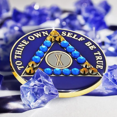 Miniatura 5 de Moneda de sobriedad de 10 años Ficha de aniversario de recuperación de medallón de chip AA cristalizado azul con oración de serenidad