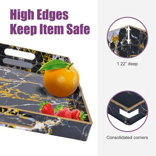 Miniatura 4 de Gifturbo - Bandeja de servir negra, bandejas de servir decorativas de mármol con asas, bandejas rectangulares de plástico para mesa de café otomanas