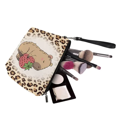 Miniatura 3 de FOR U DESIGNS Bolsa de maquillaje de leopardo y fresa para amantes de Capybara para niñas, con cremallera, organizador de bolsas de maquillaje