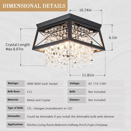 Miniatura 7 de Lámpara de techo empotrada de cristal, 11.8 pulgadas, 4 luces, color negro, iluminación de techo de metal, moderna lámpara trapezoidal para pasillo