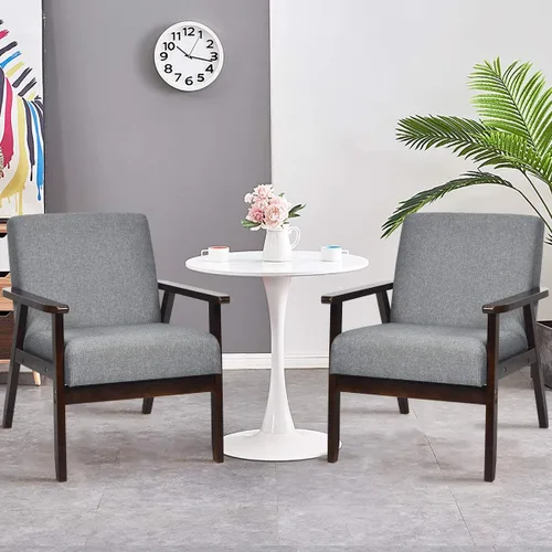 Miniatura 5 de Giantex Juego de 2 sillas decorativas modernas de mediados de siglo, sillón de tela retro, hecho de madera maciza, sillón tapizado de lino para sala