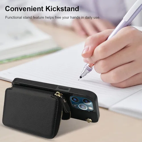 Miniatura 6 de Bocasal Funda tipo cartera cruzada para iPhone 13 Pro, funda de piel con bloqueo RFID y soporte para tarjetas, funda protectora con cremallera