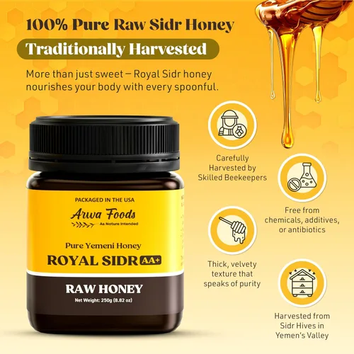 Miniatura 4 de Arwa Foods Royal Sidr AA+ - Miel cruda Royal Yemeni de Wadi of Douan - Miel cruda 100% sin filtrar, cruda y pura, sellada y empaquetada en Estados