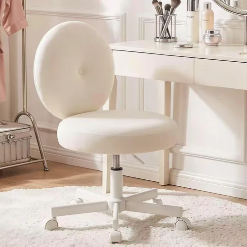 Furniliving Silla de escritorio redonda sin brazos, pequeña silla tapizada de terciopelo con ruedas, silla de tarea ajustable giratoria con ruedas