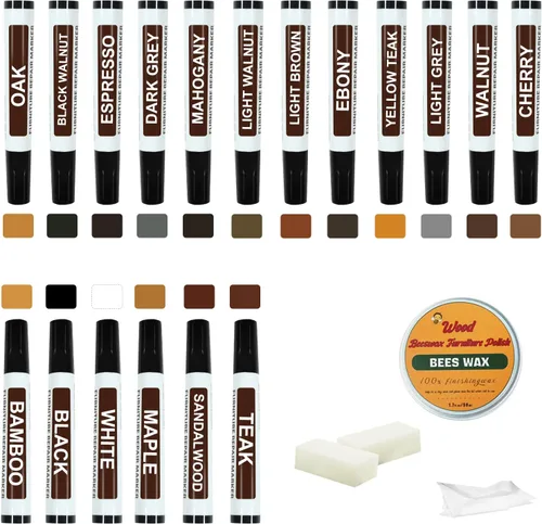 Kit de retoque de marcadores para muebles, kit de reparación de arañazos de madera de 18 colores con cera de abejas, marcadores de madera para