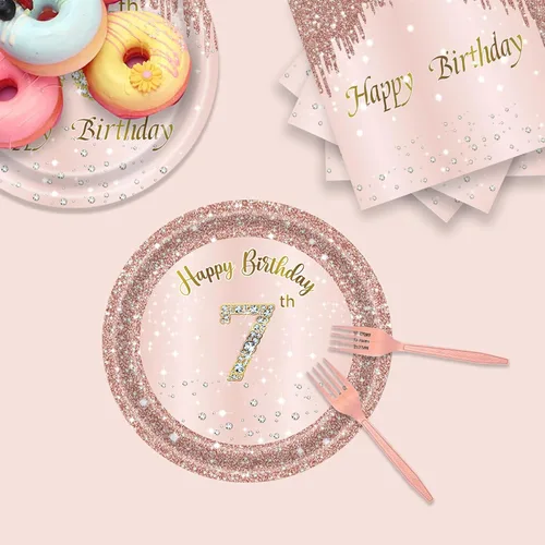 Miniatura 4 de Juego de 24 platos y servilletas, tenedores, suministros de fiesta para 7 años de edad, desechables, color oro rosa, para 24 invitados