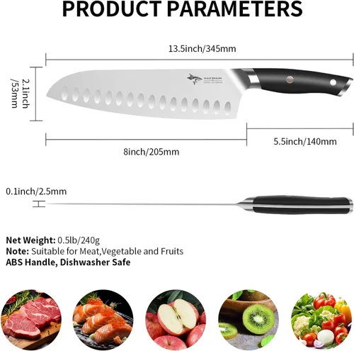 Miniatura 6 de Mad Shark - Cuchillo de chef profesional Santoku de 8 pulgadas, de acero inoxidable alemán de alto carbono, antiadherente, ultra afilado, con mango