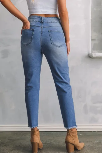 Miniatura 4 de Sidefeel Jeans de cintura alta para mujer, con dobladillo sin procesar, pierna recta, pantalones de mezclilla