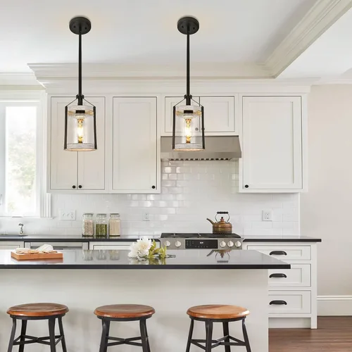 Miniatura 8 de Lámpara colgante de granja, luz de cocina de vidrio sembrado con jaula de metal, lámpara colgante rústica con acabado de madera envejecida, luz