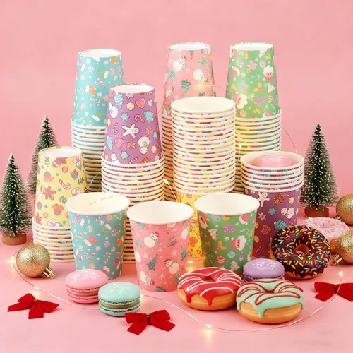 Miniatura 3 de Patelai Paquete de 150 vasos de papel de Navidad de 9 onzas, tazas de café desechables de arcoíris pastel con diseño de Papá Noel, muñeco de nieve
