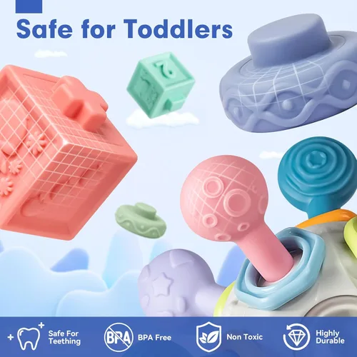 Miniatura 2 de SpringFlower Juguetes Montessori 3 en 1 para bebés de 0-3-6-12 meses, sonajero mordedor y bloques para bebés y anillos blandos apilables, juguetes